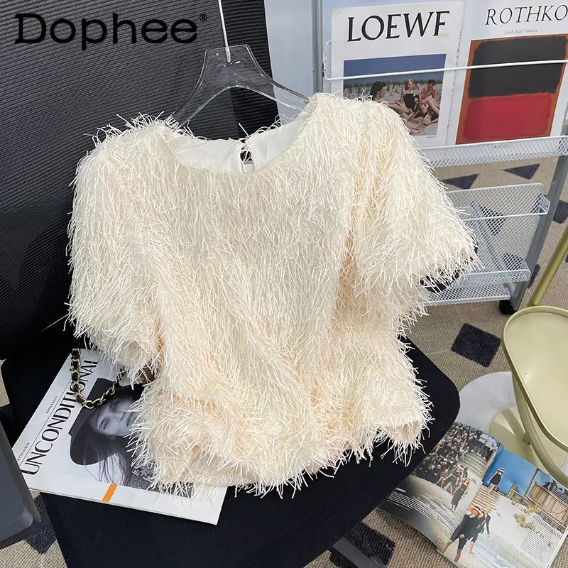 

Tassel Classic Style Short-Sleeved T-shirt Women's Summer New Design Sense Refined Stylish Versatile Furry Small T Shirt Top Tee