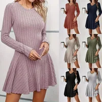 Elegant Knitted V-Neck Long-Sleeved Dress for Women Short & Large Skirt Options European American Style Cross-Border Fashion