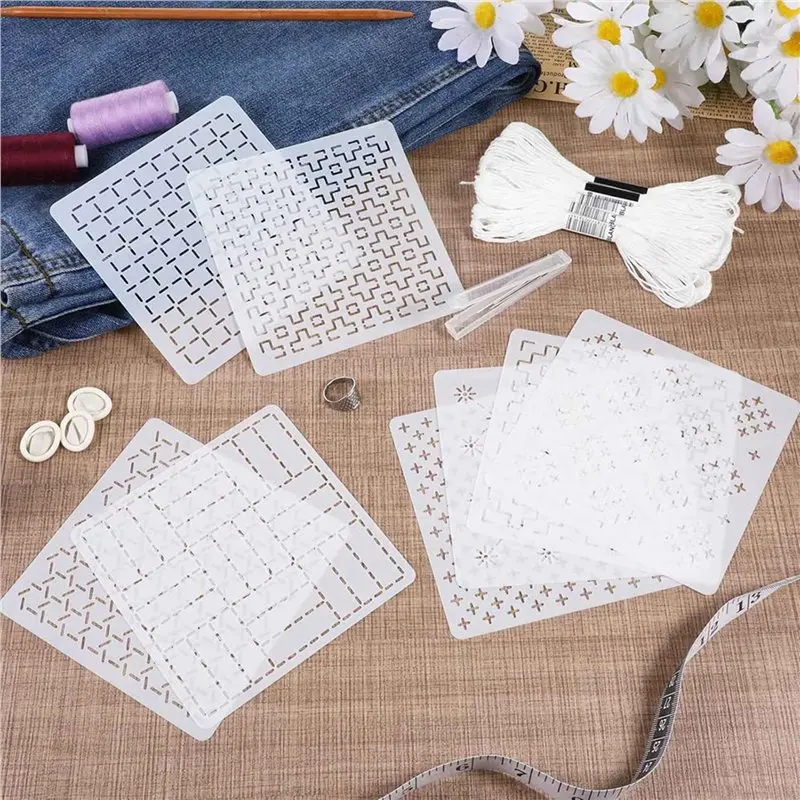 TA-48Pcs 플라스틱 사시코 스텐실 키트 4.7 X 4.7인치 기하학적 패턴 템플릿 초보자를 위한 드로잉 라인 자수 패턴