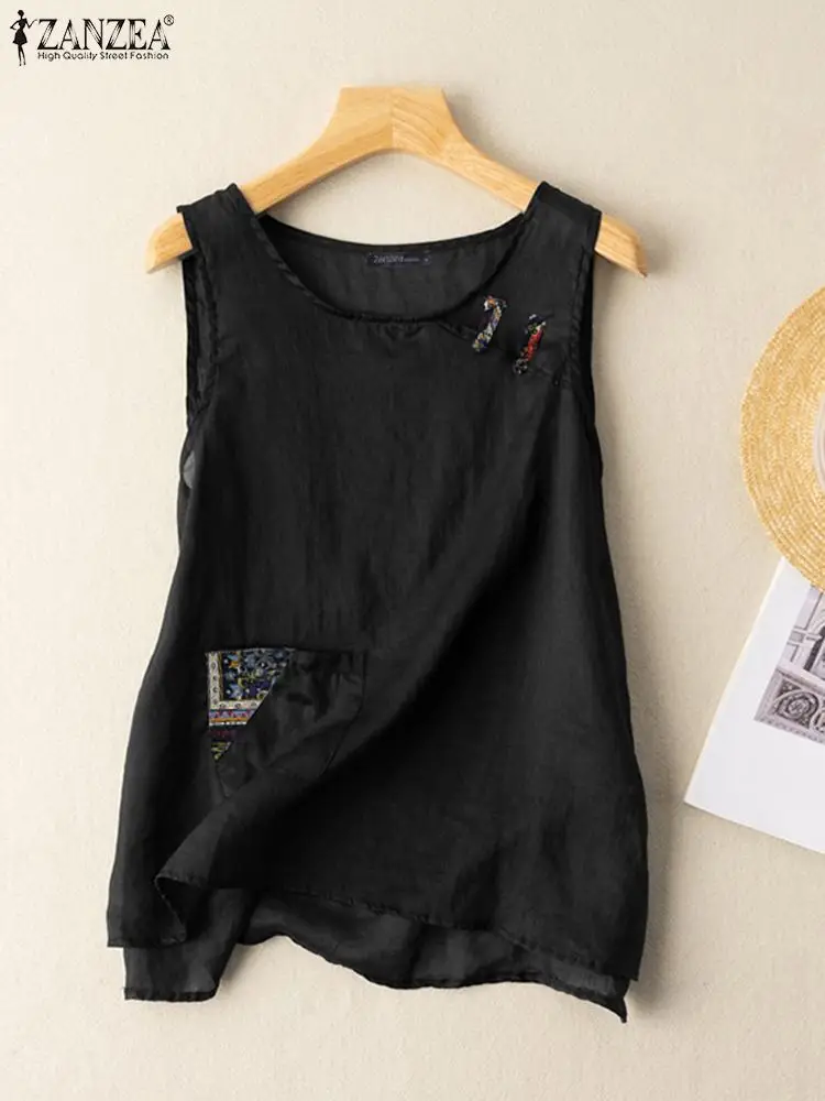 

2023 ZANZEA Женская однотонная туника с круглым вырезом топы без рукавов майки блузка женская модная повседневная элегантная рубашка праздничные пляжные блузки