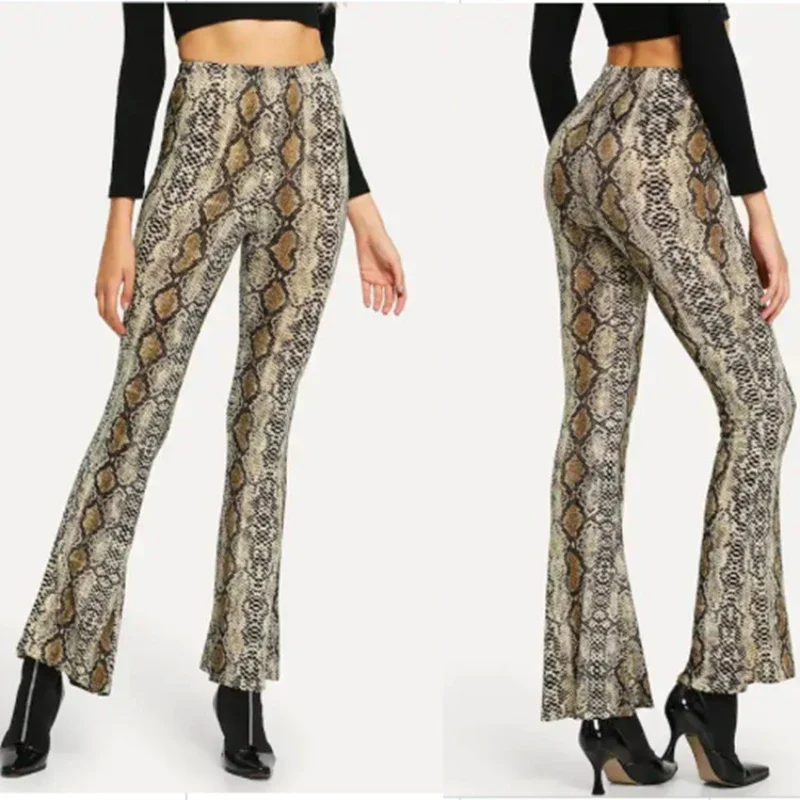 

Elegant Snake Print Flare Pants Sexy Snakeskin High Waist Pants Capris Slim Elastic Trousers Women Running Pants