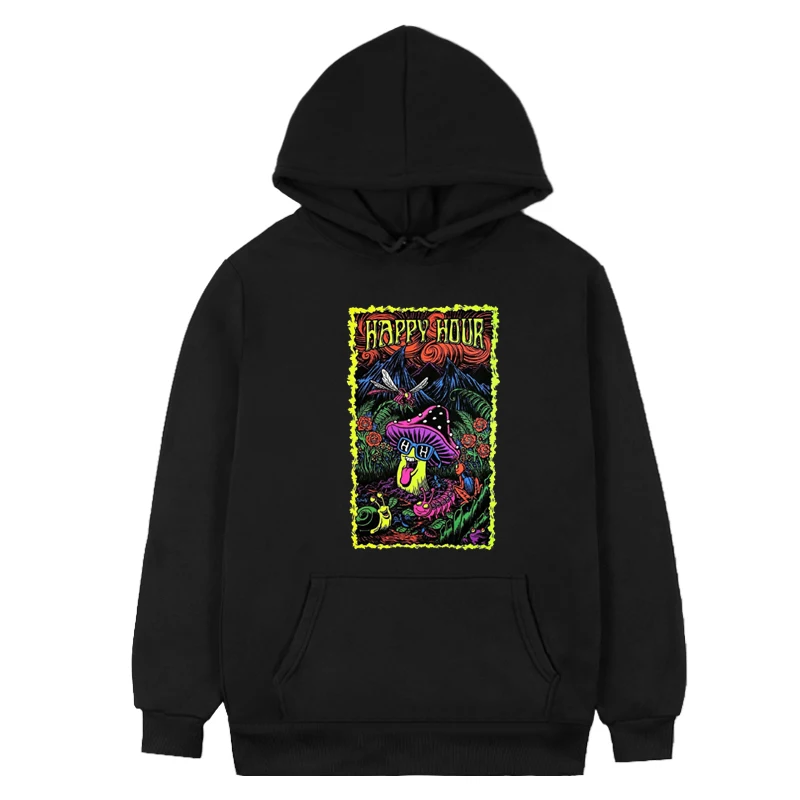 

Happy Hour Magic Mushrooms Hoodie Cartoon Animation Y2K Style Comfortable Sweaters Are Available In Various Colors and Sizes