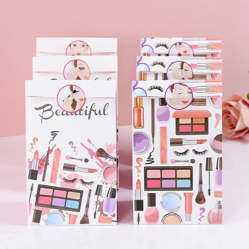 6 Stücke Make-Up Thema Geschenk Süßigkeiten Taschen Mit Aufkleber Alles Gute Zum Geburtstag Party Dekoration Geschenkbox Kinder Mädchen Spa Make-Up Party favor – Detail 2