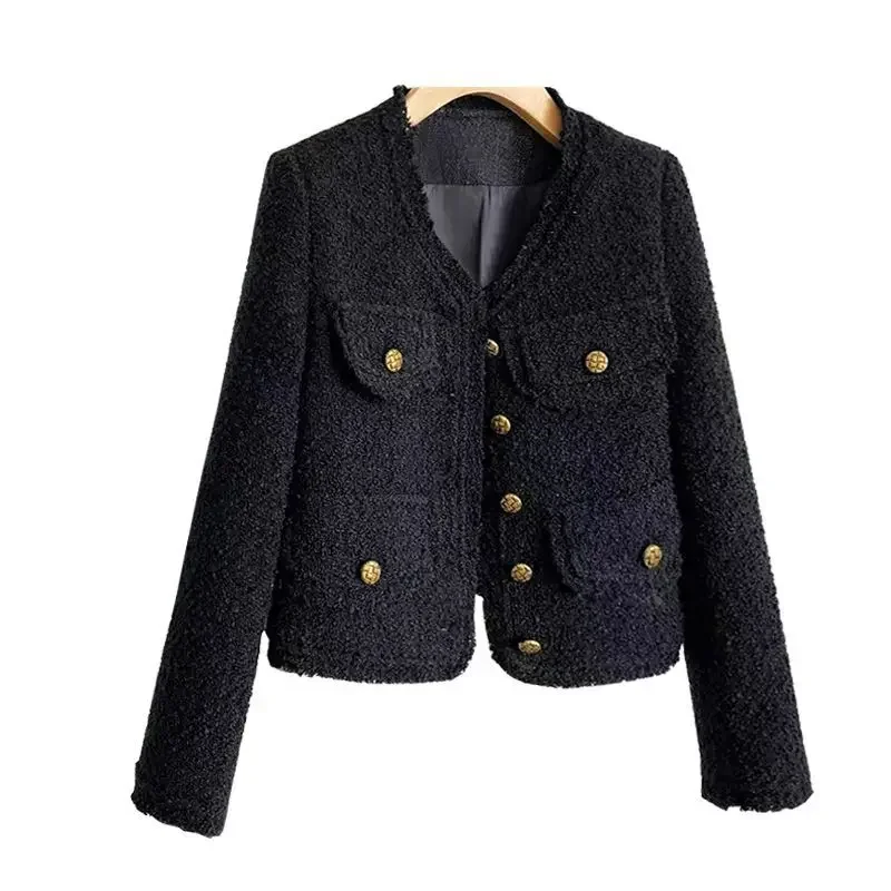 Spring Autumn Women's Coat Tweed Blazer Vintage Long Sleeve Button Korean Chic Short Jacket Black Office Lady Clothing New