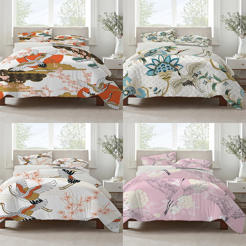Crane Duvet Cover Japanese Bedding Set Oriental Vintage Luxury Flower