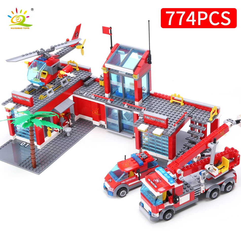 Huiqibao 774Pcs City Fire Station Model Building Blocks Ragazzi Pompiere Truck Educational Construction Bricks Toys For Children