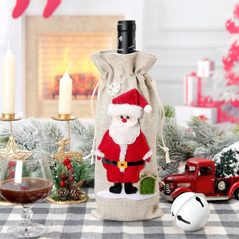Description Picture 5 of itemReusable Merry Xmas Wine Bottle Cover Christmas Decorations Santa Claus Snowman Elk Burlap Wine Bottle Bag with Drawstring