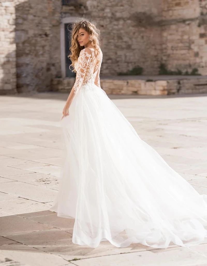 Lace Long Sleeve Mermaid Wedding Dresses With Detachable Train 2022 V-Neck Bridal Gown Open Princess  Robe De Mariee Customize 2