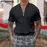 Solid Color T-shirts for Men Fashion Zipper V-Neck Tops Short Sleeve Loose Casual Men T-Shirt Pullover Camiseta Masculina