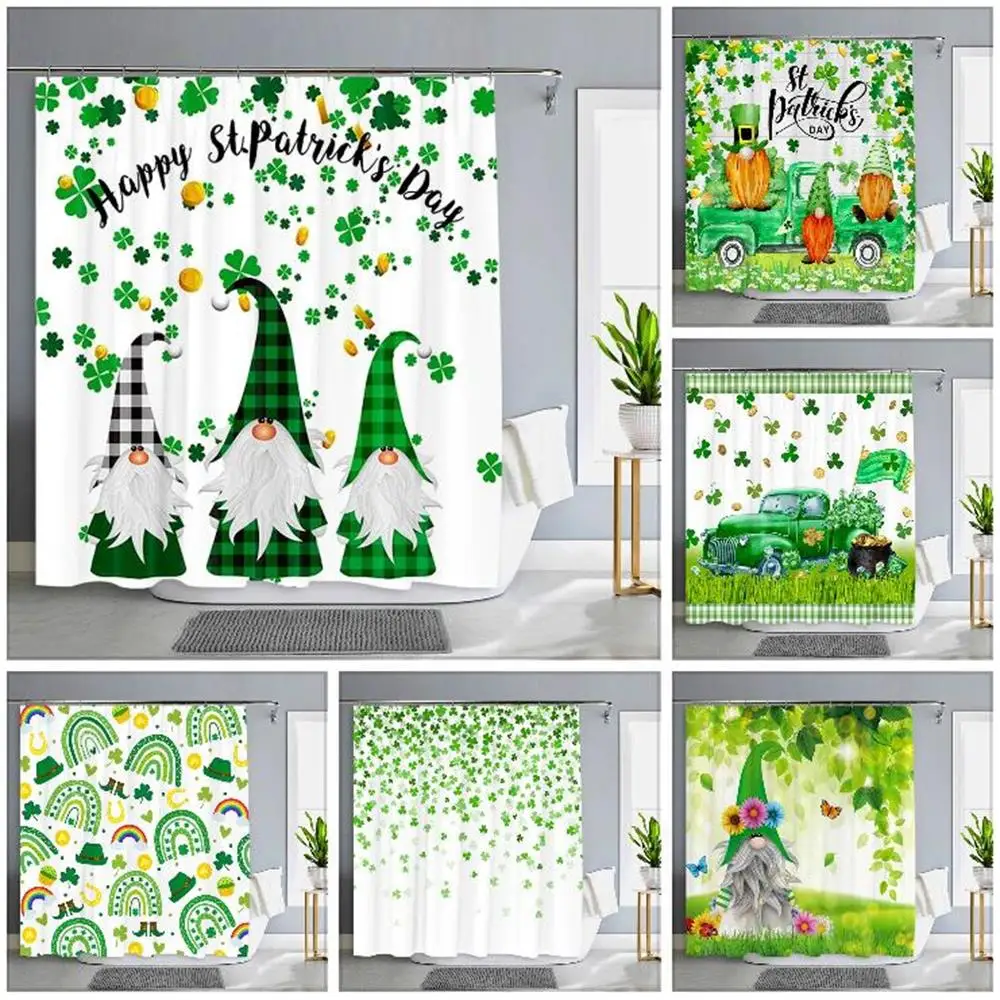 

Занавеска для душа на День Святого Патрика, дизайнерский шторка в клетку с рисунком зеленого клевера, листьев шампанского, ирландского гнома, эльфа, с рисунком буйвола, декор для ванной