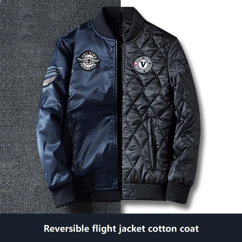 Plus Size Double-sided Wear Jacket Men Air Force Bomber Jacket Autumn and Winter Baseball Uniform Casual Loose Thick Warm Coat