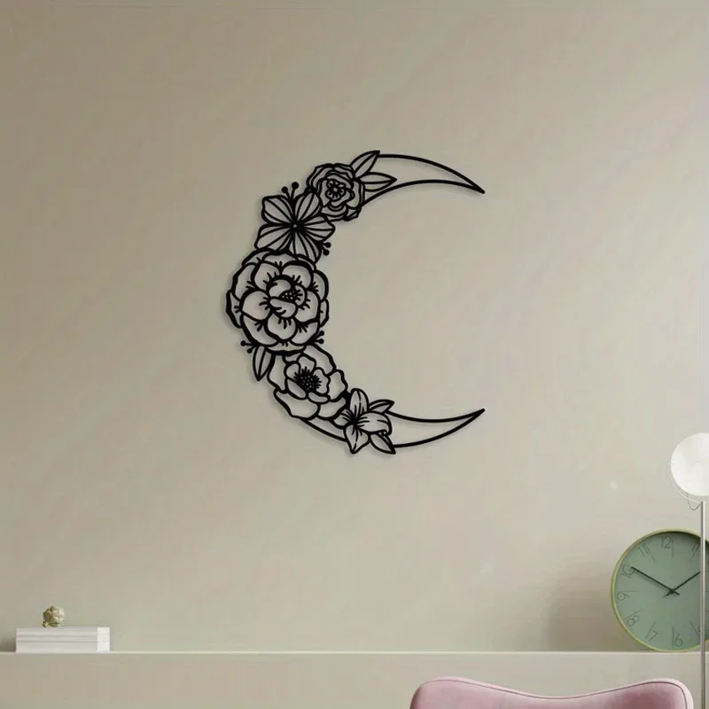 

CIFBUY Deco Moon Flower Metal Home Decor Indoor Living Room Wall Art Decorations Creative Gifts Black Iron Flower Silhouette Hom