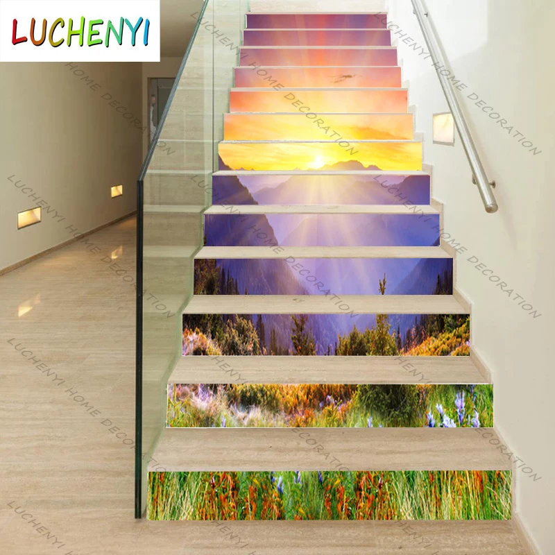 

6pcs 13pcs/Set Stair Floor Decal Self Adhesive DIY Custom Mountain Sunrise View Stair Decal Mural
