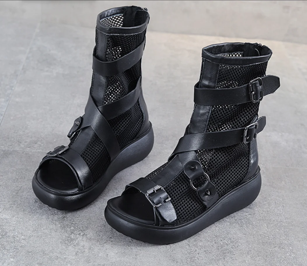 

Женские ботильоны из натуральной кожи, ботинки с открытым носком и высоким верхом, летние ботинки на танкетке на плоской платформе, сетчатые сандалии с вырезами, 2023