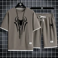 Summer Men's Spider Print T-shirt + Shorts Suit Casual Two-piece Waffle Sportswear 2024 Fashionable and Comfortable Suit M-3XL 1