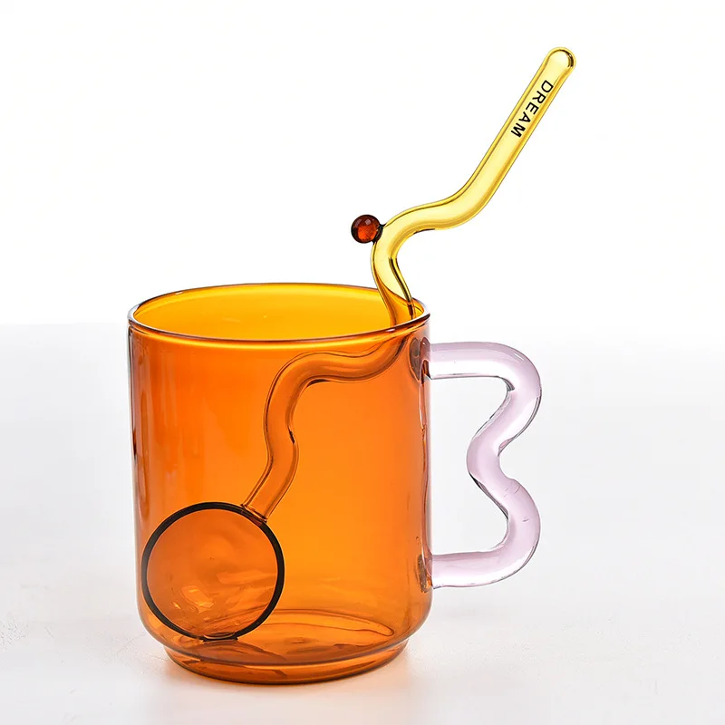 Creative Color Glass Water Cup with Handle Breakfast Milk Cup Heat Resistant High Borosilicate Drinking Glasses Spoon Cups