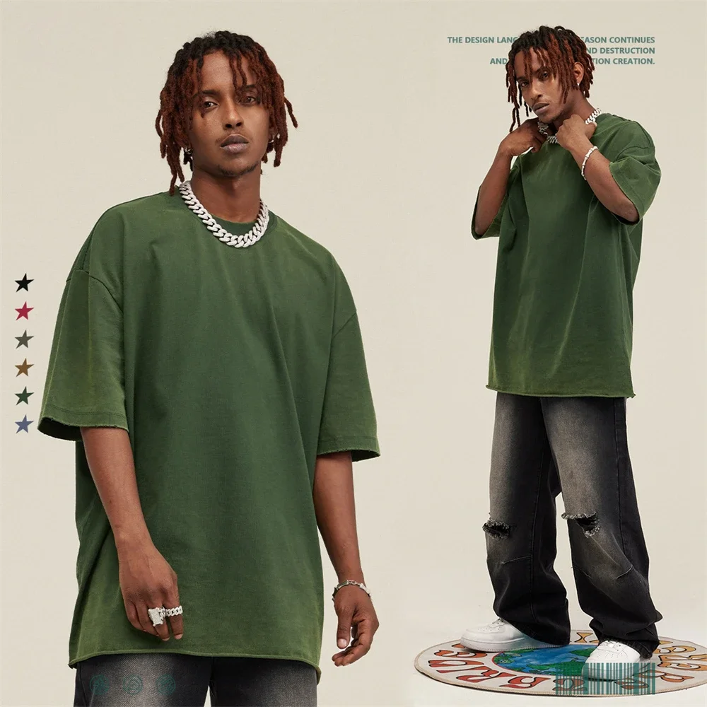 

2023 American Retro Men Washed Cotton T Shirts Unisex Summer High Hop Gradient Loose Edge 285gsm T-Shirt Tees Tops HY0476