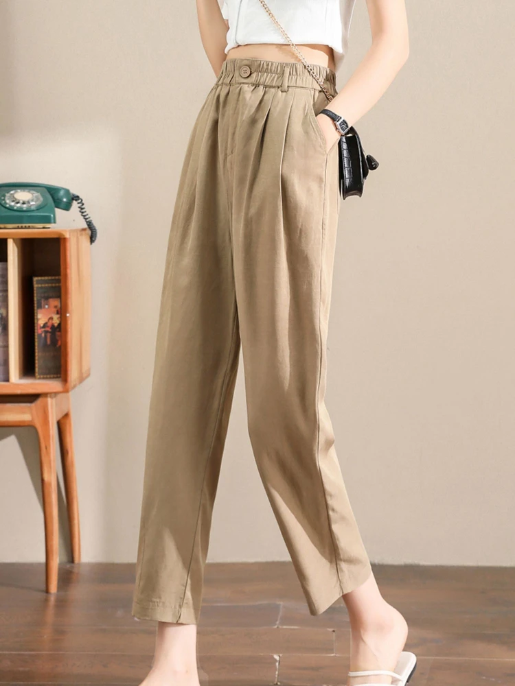 

JMPRS Cotton Linen Nine-point Pants Women Fashion Elastic High Waist Harem Pant Female Casual Loose Ankle Length Trouser Bottoms