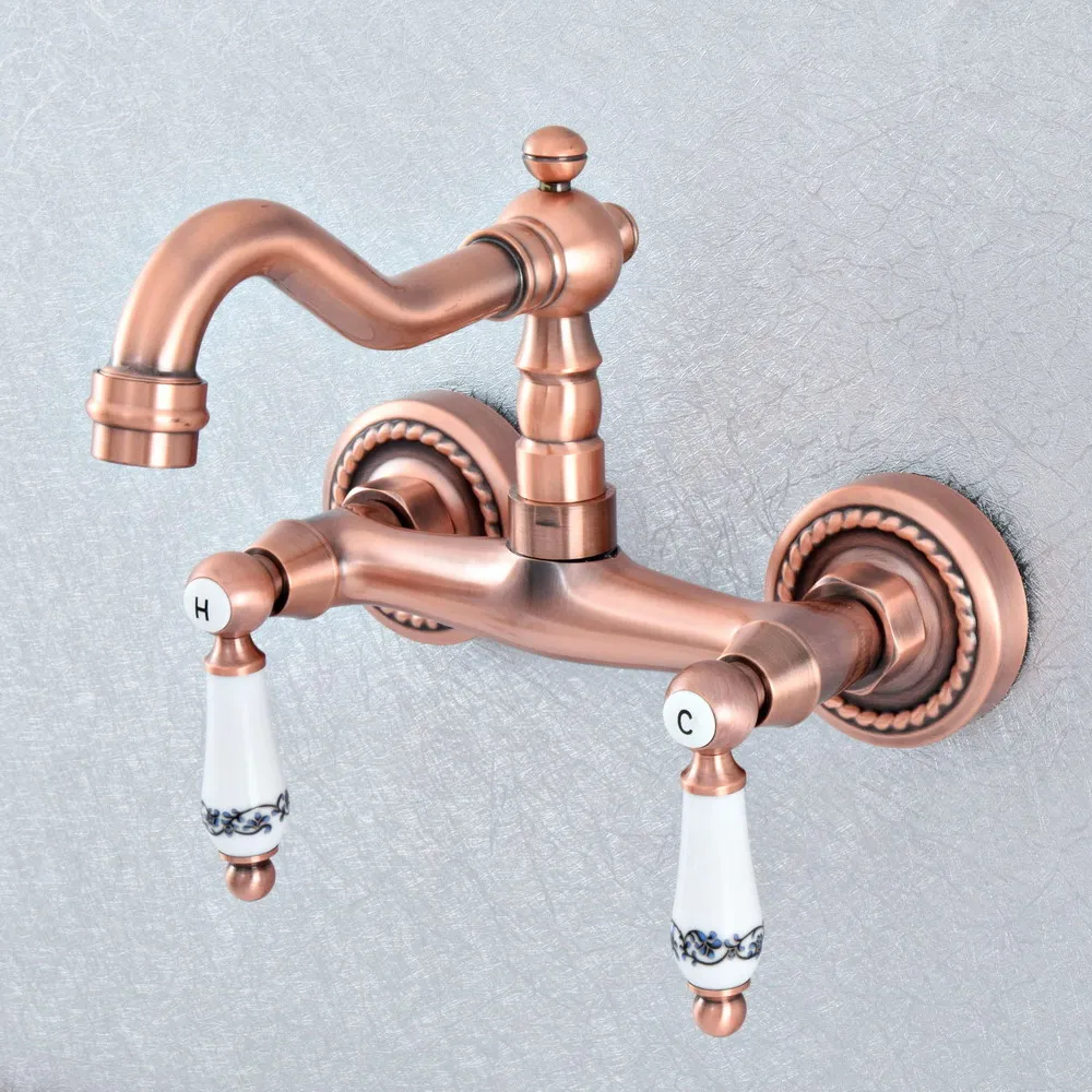 

Antique Red Copper Brass Wall Mounted Bathroom Kitchen Sink Faucet Swivel Spout Mixer Tap Dual Ceramics Handles Levers tsf891