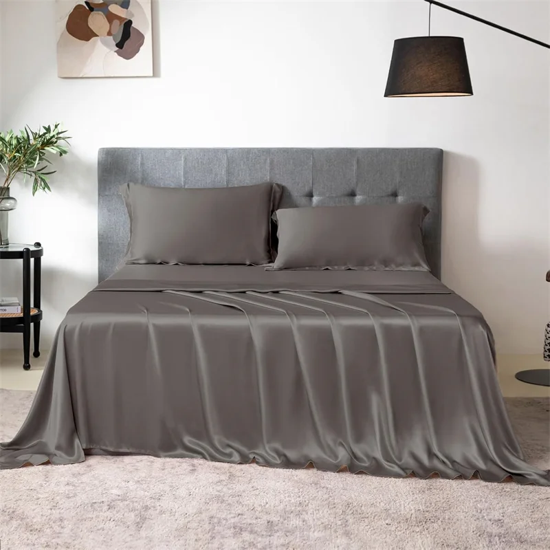 100% Mulberry Silk Bed Sheet Sets Luxuriously Smooth Bedding Set Silky Fitted Sheet Flat Sheets Pillowcase Washable High End 2