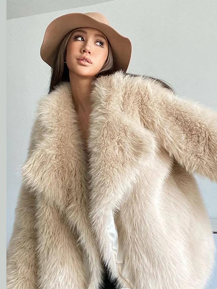 

2023 Winter Women Solid Lapel Faux Fur Coats Fashion Long Sleeve Thick Warm Plush Short Tunic Soft Cozy Highstreet Outerwear