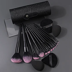 Complete Makeup Tools Set with Face Brushes, Triangle Powder Puff, and Storage Bucket (Black)
