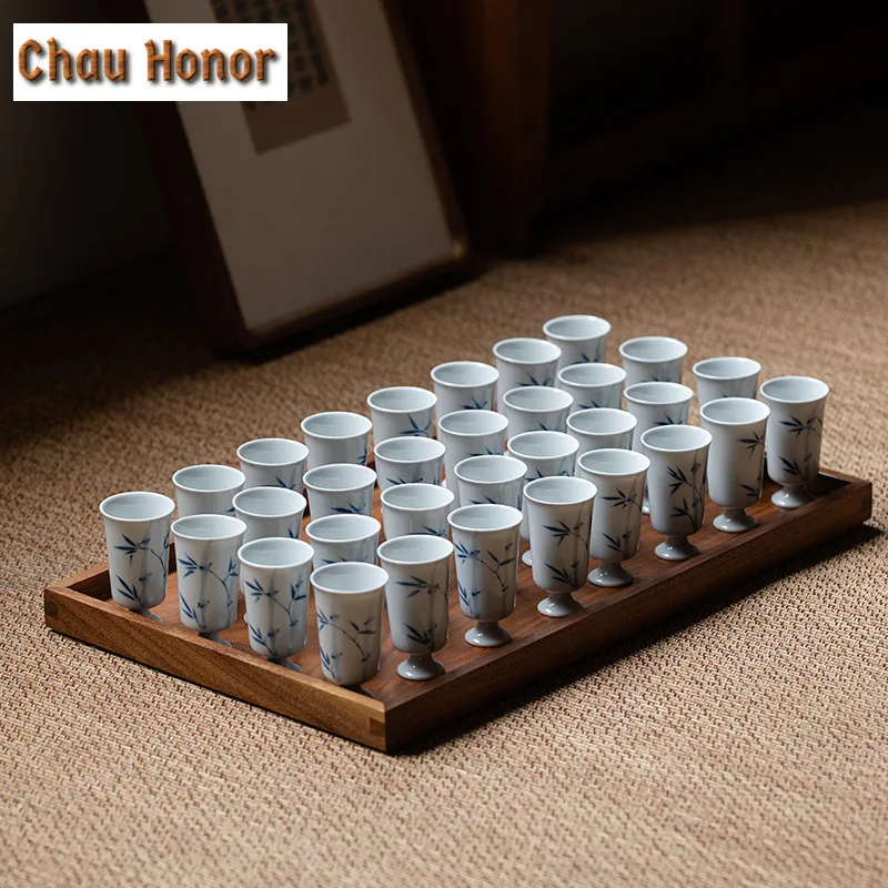 2pc/Set 40ml Pure Handpainted Green Bamboo High Foot Tea Cup Household White Porcelain Thin Tire Master Cup Single Cup Drinkware