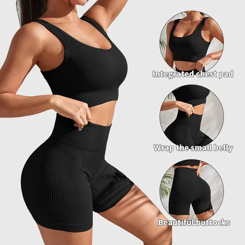 Seamless Ribbed Yoga Sets Workout Sets for Women 2 Pieces Gym Suits Ribbed Crop Tank High Waist Shorts Outfits Fitness Running images - 6