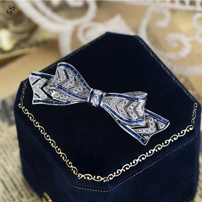 

Vintage Bow Brooch for Women 925 Silver Gold Plated 5A White Zircon and Blue Spinel Corsage Pin Elegant Romantic Aesthetic Jewel