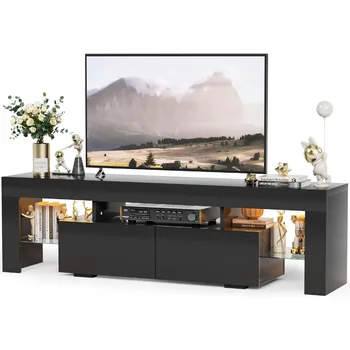 Modern LED TV Stand for Televisions up to 70 Inch with Glass Shelves and Drawer, Gaming Entertainment Center with Multiple 1