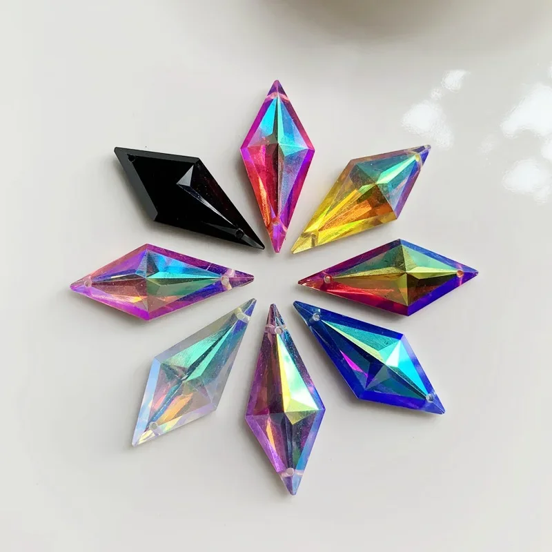 다이아몬드 크리스탈 보석 12x28mm 2 구멍 AB 플랫 백 라인 석 수지 크리스탈 아플리케 마름모 멋진 Strass Stones 드레스 공예-E61