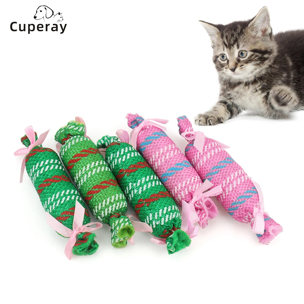 5pcs Candy Shape Cat Toys Pet Cat Kitten Interactive Teaser Chew Scratch Christmas Candy Catnip Toy Random Color Durable Useful