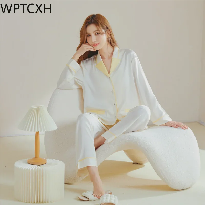 

WPTCXH Women's Pajamas 2023 Spring Summer Ice Silk Sleepwear Thin V Neck Satin Long Sleeve Trousers Two Piece Set Home Wear