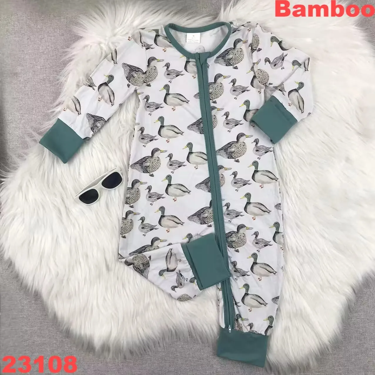 Bamboo Romper Baby Climbing Girls Many Ducks Print Soft Bamboo Sleepers Zipper Pajamas Cover Hands and Feet