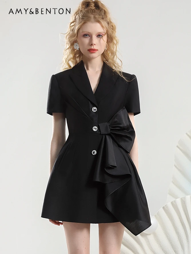 

Elegant High Sense Professional Suit Dress for Women Summer New Commuter Style Irregular Bow Black Mini Dress Black A-line Dress