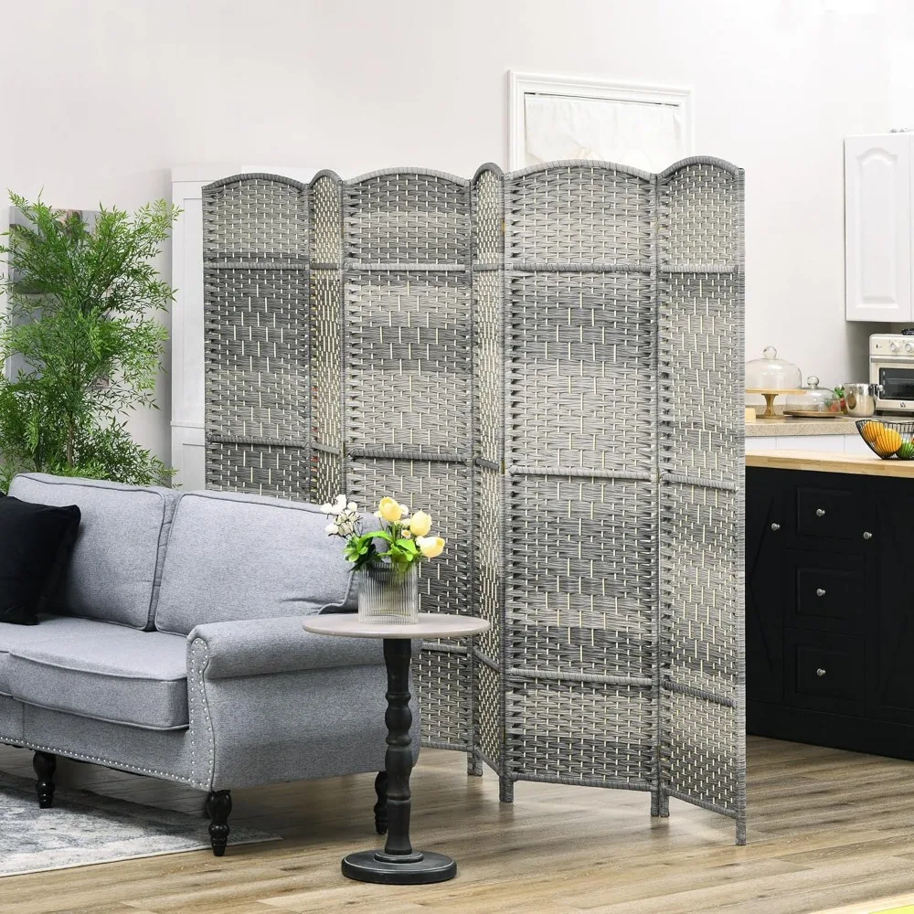 6 Panel Privacy Room Divider, 6' Tall Room Divider Hand-Woven Freestanding Wall Partition for Home Office, Bedroom, Mixed Gray 3