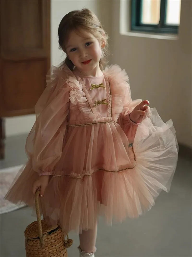 

Long Sleeves Flower Girls Dresses For Wedding Tulle Bows Kid Princess Birthday Party Gown Christmas Dress Size 1-14T