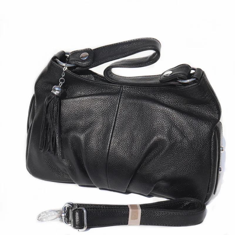 Casual Designer Women's Genuine Leather Tassel Handbags Lady Shoulder Bag Soft Cowhide Satchel Black Messenger Crossbody Purse