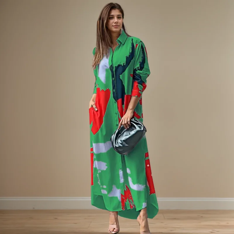 Fashion Sexy Side Split Turn Down Collar Shirt Long Dress Elegant Temperament Printed Long Sleeve Pocket Single Breasted Dress 2