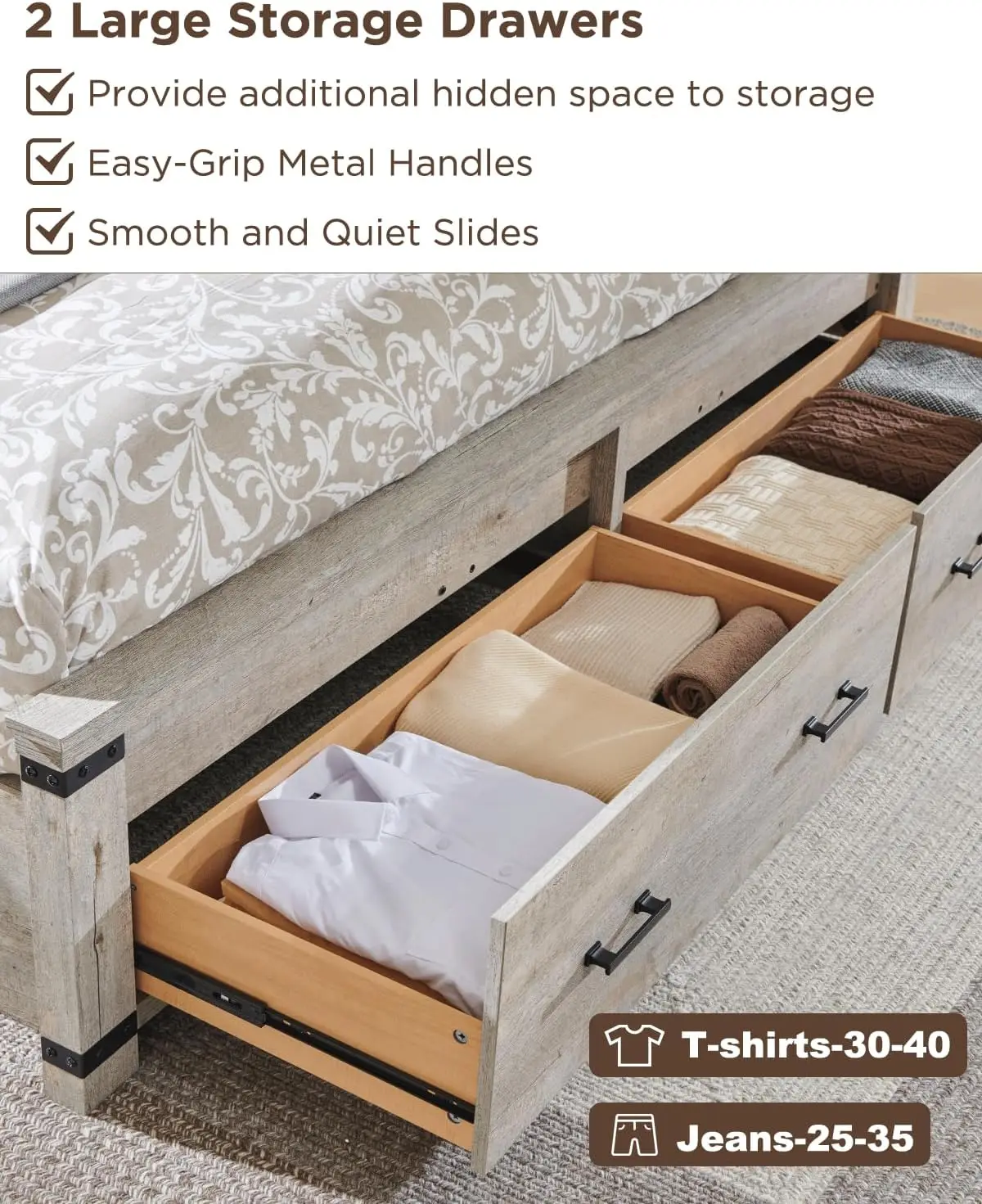 Farmhouse King Size Bed Frame with 54" Tall Geometric Headboard & 2 Large Storage Drawers, Rustic Wood Platform Bed 5