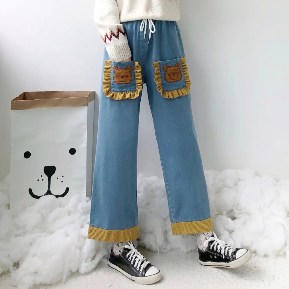 ksubi jeans Japanese Pockets Cute Jeans Teen Girls Elastic Waist Cartoon Bear Denim Trousers Spring Casual Loose Straight Wide Leg Pants buckle jeans