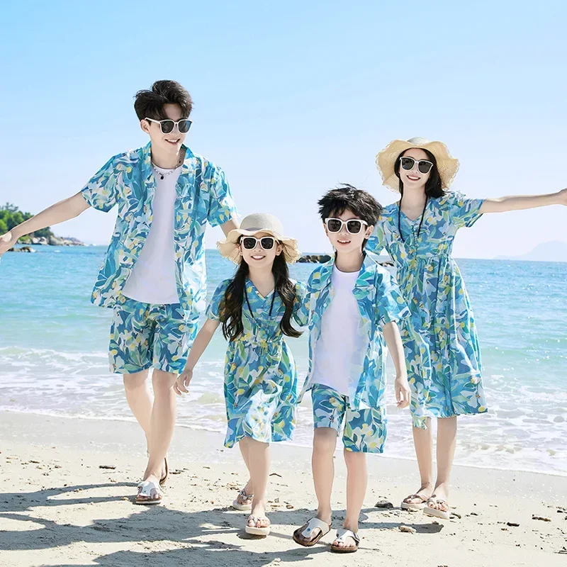 Parent-child Matching Beach Couple Daughter Same Dress Father Son Shirts SetClothes Summer Vacation Look Family Clothing Mother 2