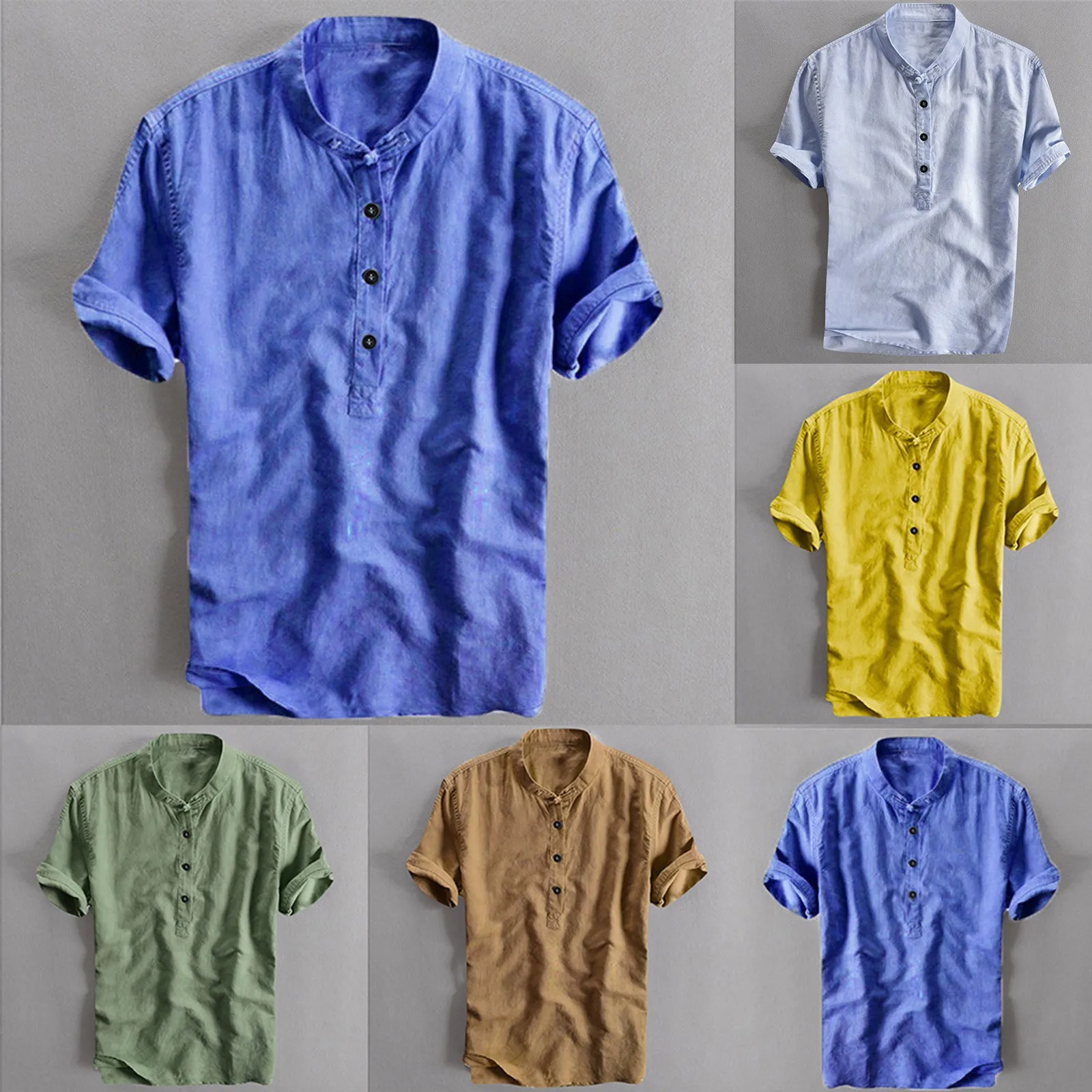 Mens Short Sleeve Cotton Shirt Solid Color Casual Vintage T-Shirt Loose Top 