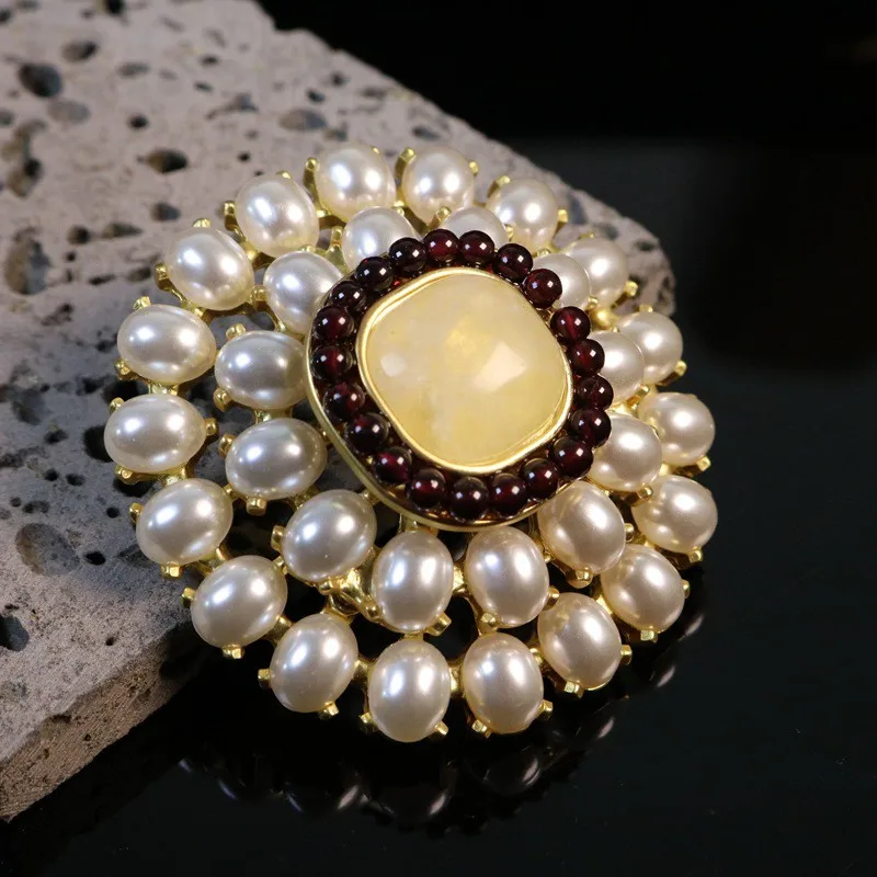 Vintage Geometric Garnet Pearl Brooch Women's Jewelry Party Jewelry Accessories
