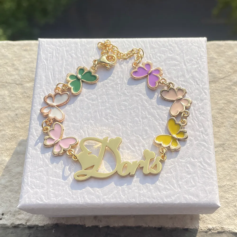 3UMeter Colorful Enamel Butterfly Custom Name Children's Jewelry Set Personalized Letter Cute Girl Bracelet Necklace Gift