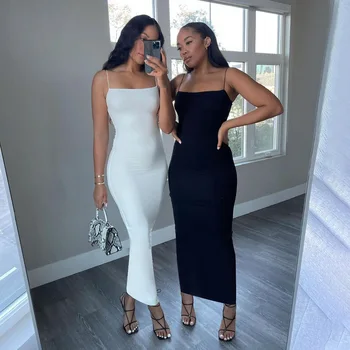 Nsangu 2024 Autunno Inverno Donna Solido Bianco Nero Strap Midi Dress Aderente Sexy Streetwear Party Club Abiti di moda eleganti 1