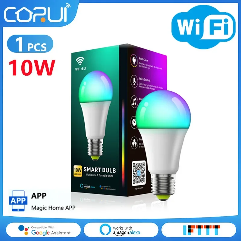 

CoRui Smart Bulb WiFi+Bluetooth+Remote Controller 10w RGB Light Corlorful Dimmable Timer Function Work with Alexa Google Home