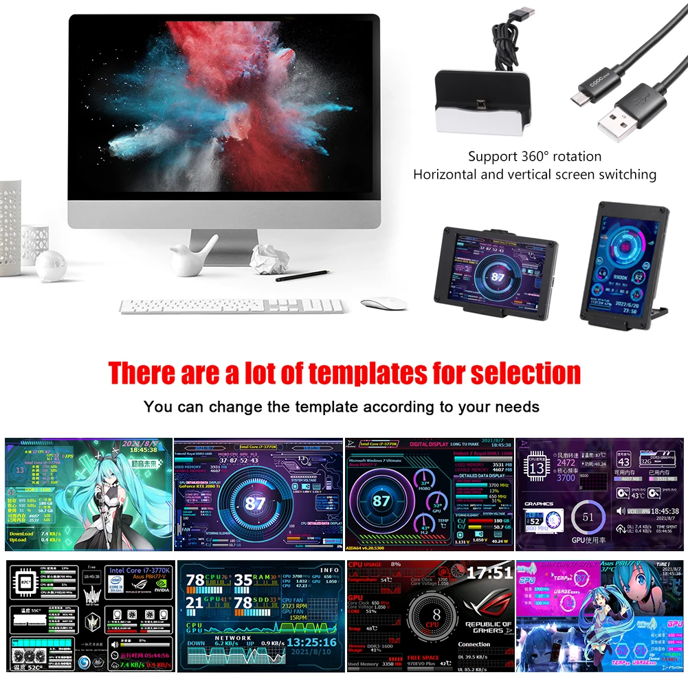 DIY  ȭ ÷ 3.5 ġ IPS ȭ µ ͸ ÷, CPU GPU RAM 4PIN 2.54 Pin To USB Male for AIDA64