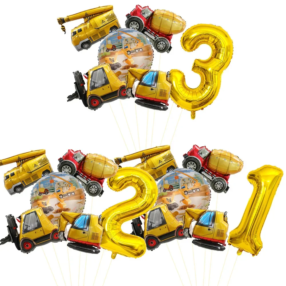 6-teiliger Mini-Karton-Fahrzeugballon mit 32-Zoll-Gold-Zahlen-Ballon-Set für Jungen, Bauauto-Thema, Geburtstagsparty-Dekorationen