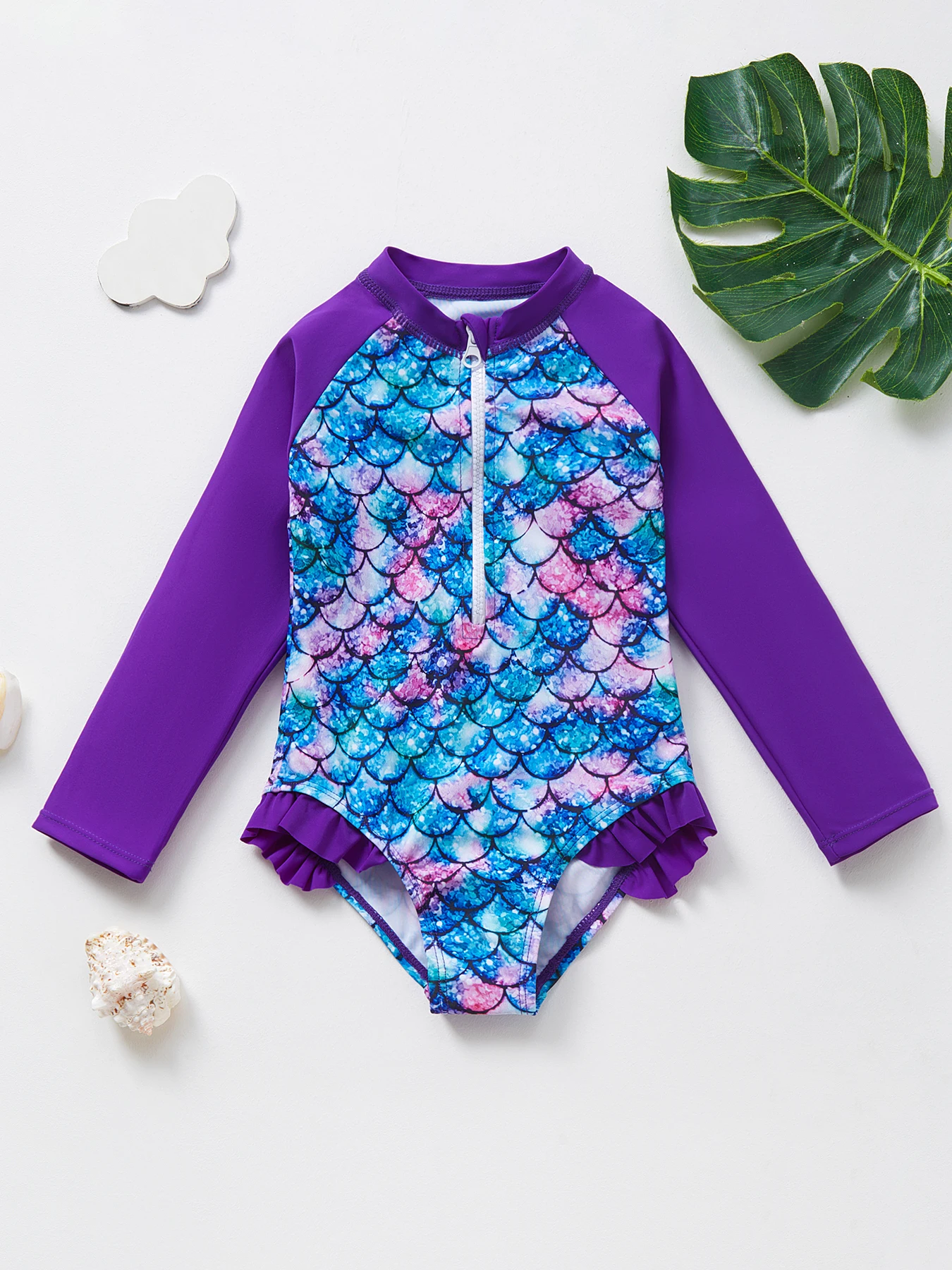 One Piece Swimsuit Girls Rash Guard Long Sleeve Ruffle Trim